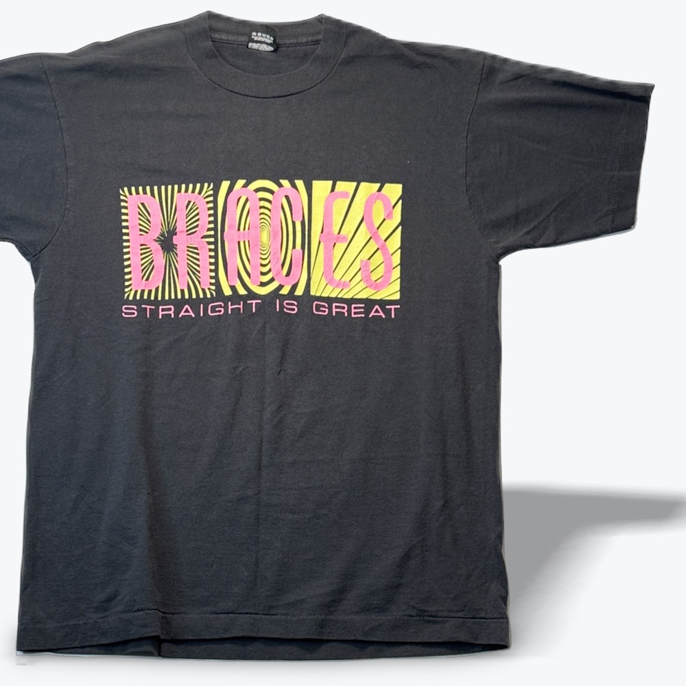 Vintage 90s Single Stitch T Shirt Braces Straight Is Great Black Pink Neon Med